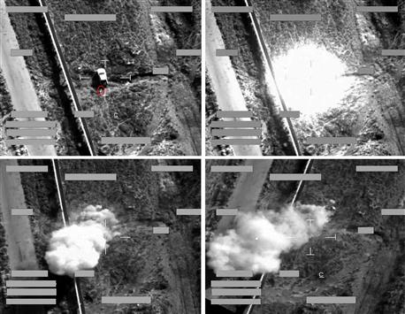صورة وزعتها وزارة الدفاع البريطانية تظهر استهداف آلية تقول إنها تتبع لـ"داعش" في العراق (أ ف ب)