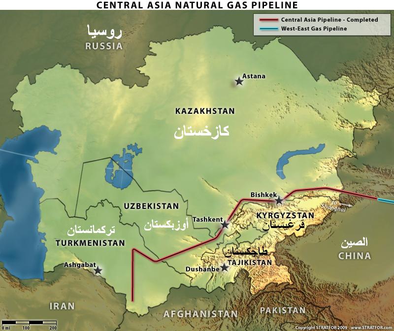 خارطة أنابيب الغاز المرتبطة بين الصين وتركمانستان عبر كازخستان