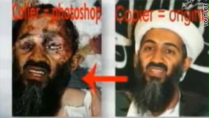 صورة بن لادن والصورة المفبركة كما ظهرت على يوتيوب