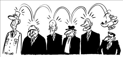 «لو كانار» (البطة) قافزاً فوق رؤوس الرؤساء الفرنسيين منذ شارل ديغول، وحتى نيكولا ساركوزي (رسم منشور في أحد أعداد الجريدة الفرنسية) 