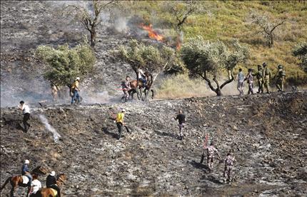 فلسطينيون يحاولون إخماد الحرائق في نابلس أمس (أ ب) 
