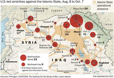 خريطة الضربات الأميركية في سوريا والعراق بين ٨ آب و ٧ تشرين الأول (المصدر: البنتاغون
