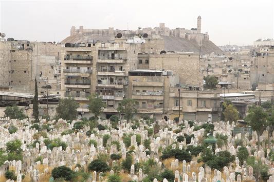 قلعة حلب القديمة تظهر في خلفية صورة لأحد مقابر المدينة (رويترز)