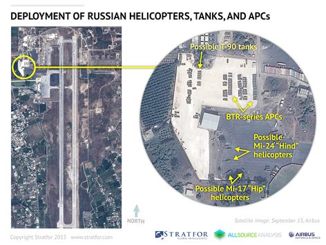 صورة مأخوذة عبر الأقمار الاصطناعية ووزعها معهد "ستراتفور" أمس لما قال إنها تعزيزات عسكرية روسية في مطار اللاذقية.</body></html>