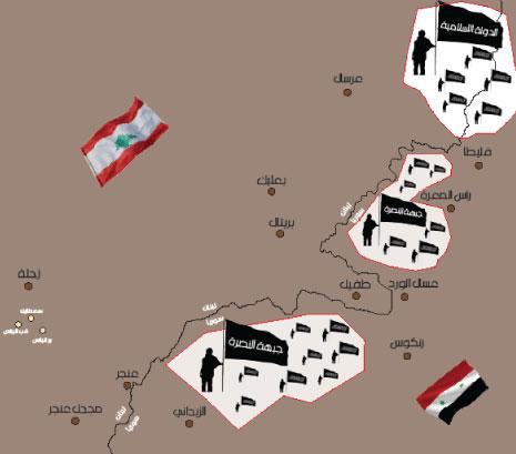خريطة تقريبية تظهر انتشار "داعش" و"النصرة" على الحدود | أنقر هنا للصورة المكبرة 