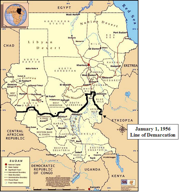 لسودان الشمالي-السودان الجنوبي والخط الأسود يمثل الحدود الفاصلة المتنازع عليها