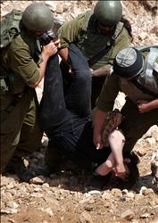 جنود من الاحتلال يعتقلون أحد المتظاهرين ضد جدار الفصل في بلدة بيت جالا قرب بيت لحم في الضفة الغربية أمس