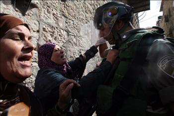 فلسطينية تواجه جندياً للاحتلال في القدس المحتلة أمس